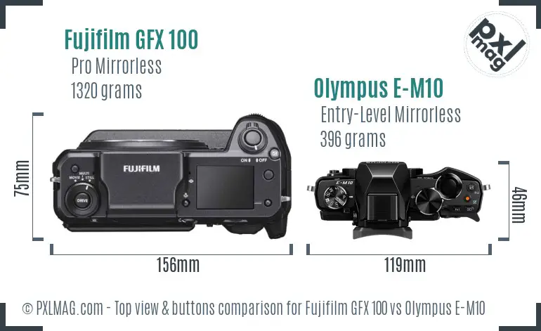 Fujifilm GFX 100 vs Olympus E-M10 top view buttons comparison