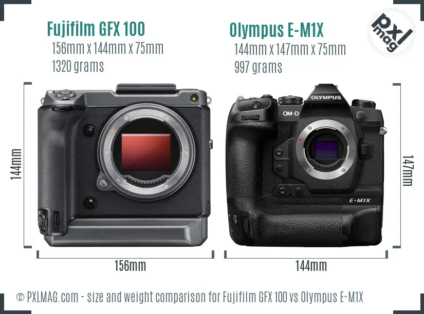 Fujifilm GFX 100 vs Olympus E-M1X size comparison