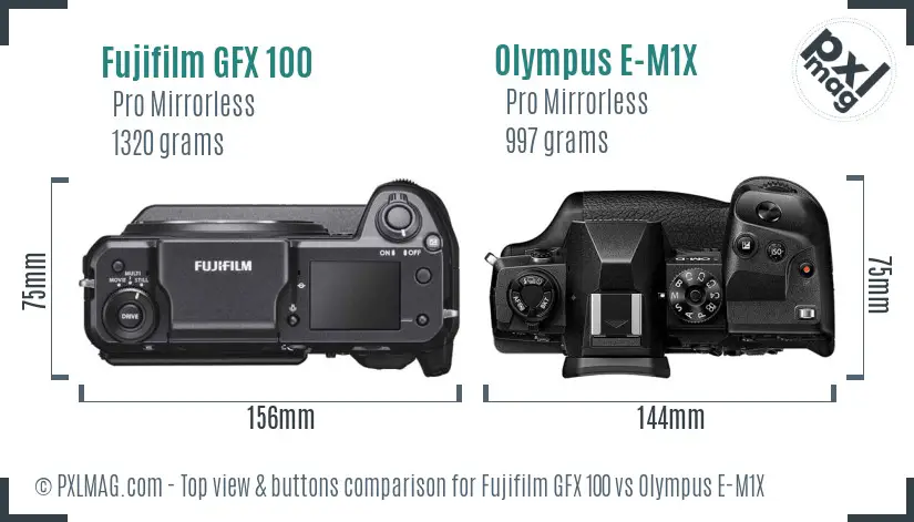 Fujifilm GFX 100 vs Olympus E-M1X top view buttons comparison