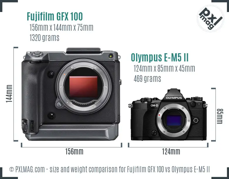 Fujifilm GFX 100 vs Olympus E-M5 II size comparison