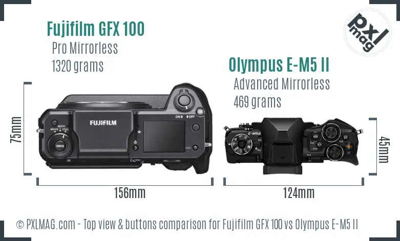 Fujifilm GFX 100 vs Olympus E-M5 II top view buttons comparison