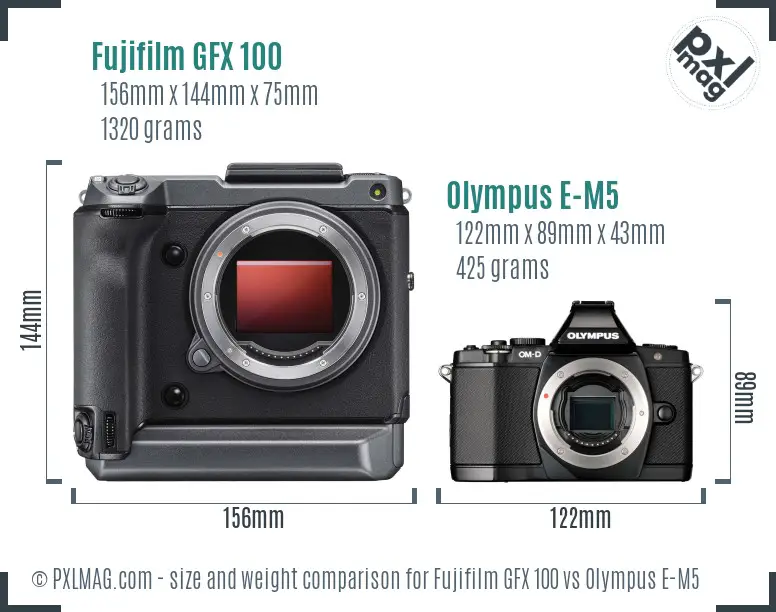 Fujifilm GFX 100 vs Olympus E-M5 size comparison
