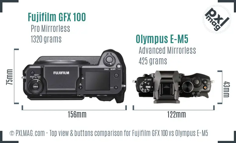 Fujifilm GFX 100 vs Olympus E-M5 top view buttons comparison