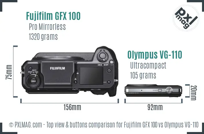 Fujifilm GFX 100 vs Olympus VG-110 top view buttons comparison