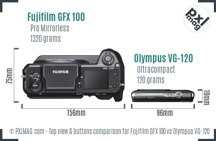 Fujifilm GFX 100 vs Olympus VG-120 top view buttons comparison
