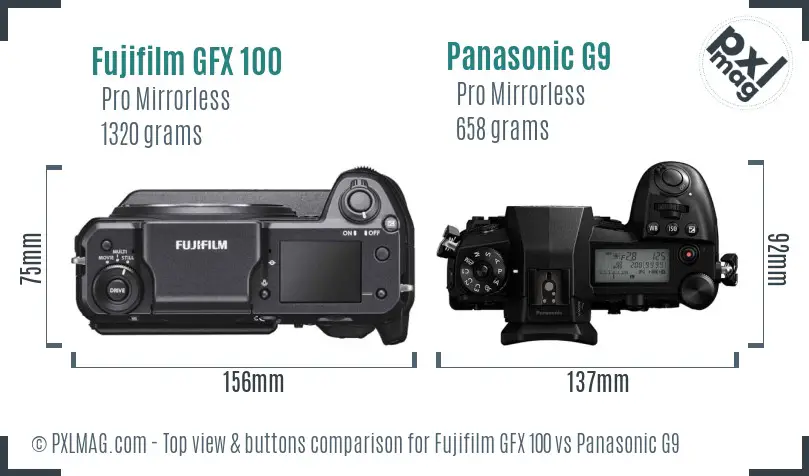 Fujifilm GFX 100 vs Panasonic G9 top view buttons comparison