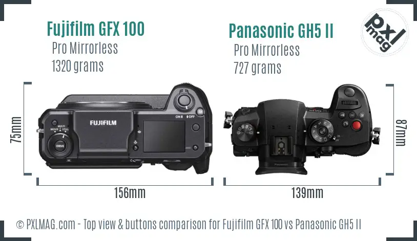 Fujifilm GFX 100 vs Panasonic GH5 II top view buttons comparison