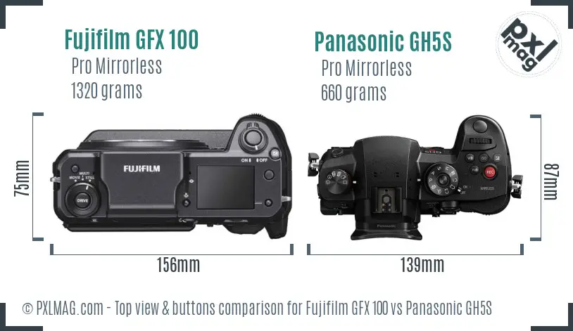 Fujifilm GFX 100 vs Panasonic GH5S top view buttons comparison