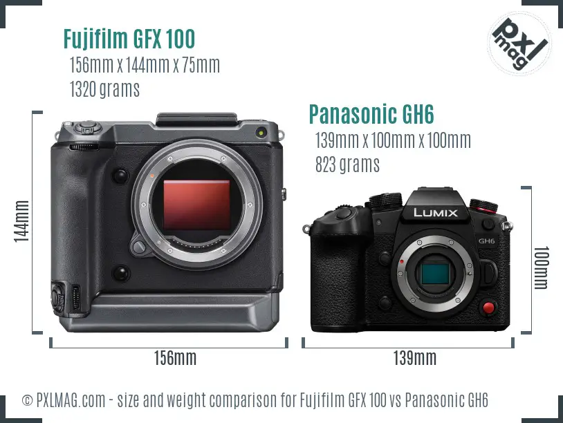 Fujifilm GFX 100 vs Panasonic GH6 size comparison