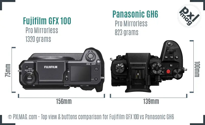 Fujifilm GFX 100 vs Panasonic GH6 top view buttons comparison