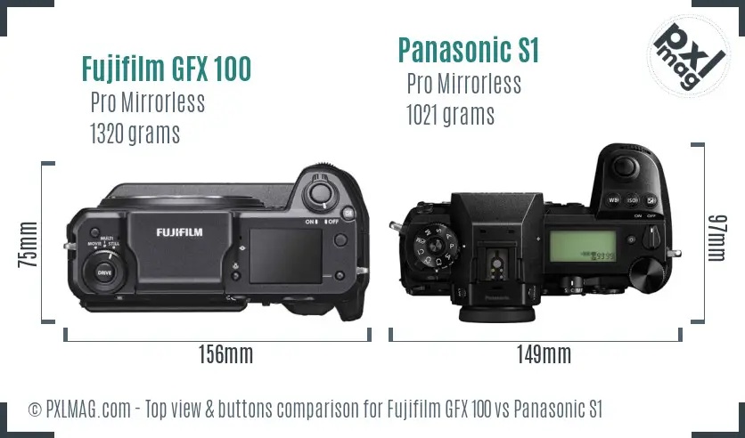 Fujifilm GFX 100 vs Panasonic S1 top view buttons comparison