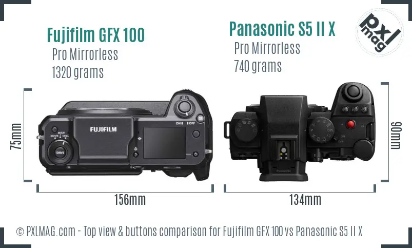 Fujifilm GFX 100 vs Panasonic S5 II X top view buttons comparison