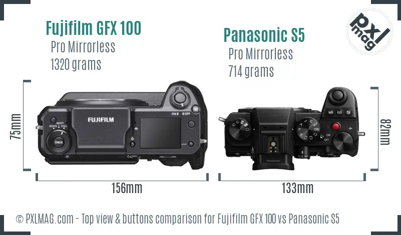 Fujifilm GFX 100 vs Panasonic S5 top view buttons comparison