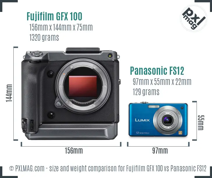 Fujifilm GFX 100 vs Panasonic FS12 size comparison