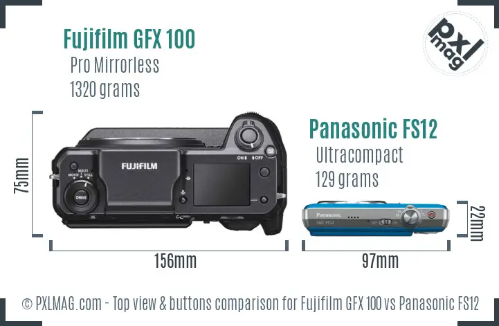 Fujifilm GFX 100 vs Panasonic FS12 top view buttons comparison