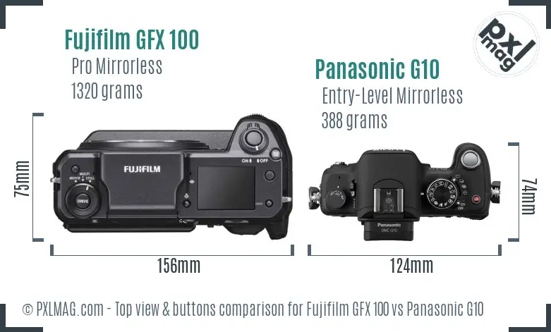 Fujifilm GFX 100 vs Panasonic G10 top view buttons comparison