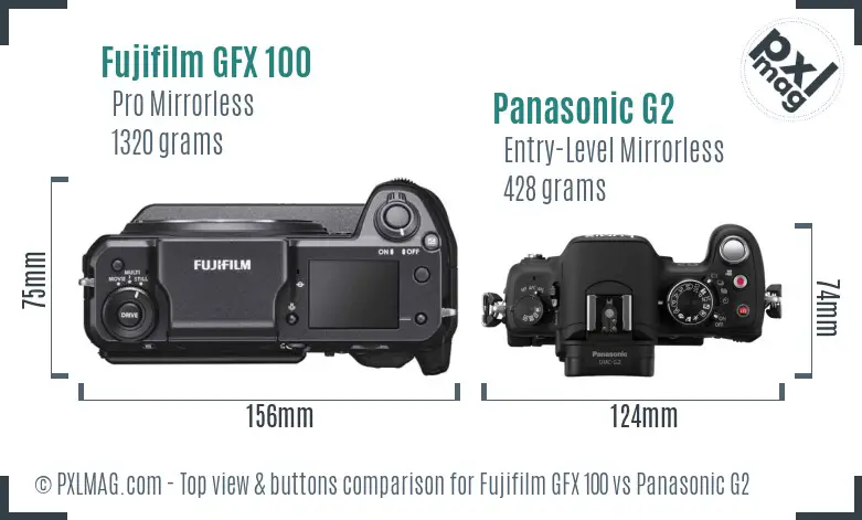 Fujifilm GFX 100 vs Panasonic G2 top view buttons comparison