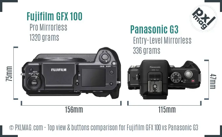 Fujifilm GFX 100 vs Panasonic G3 top view buttons comparison