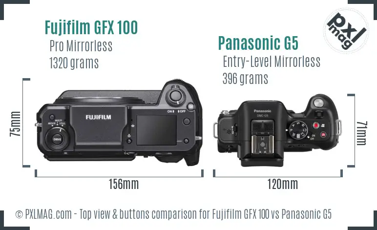 Fujifilm GFX 100 vs Panasonic G5 top view buttons comparison Fujifilm GFX 100 vs Panasonic G5 top view buttons comparison