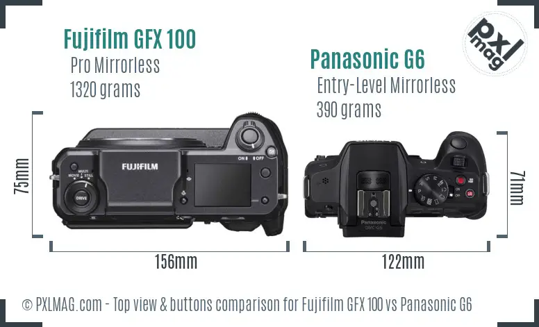 Fujifilm GFX 100 vs Panasonic G6 top view buttons comparison