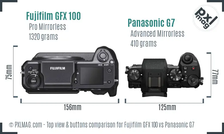 Fujifilm GFX 100 vs Panasonic G7 top view buttons comparison