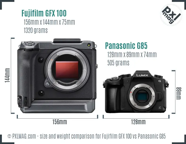 Fujifilm GFX 100 vs Panasonic G85 size comparison