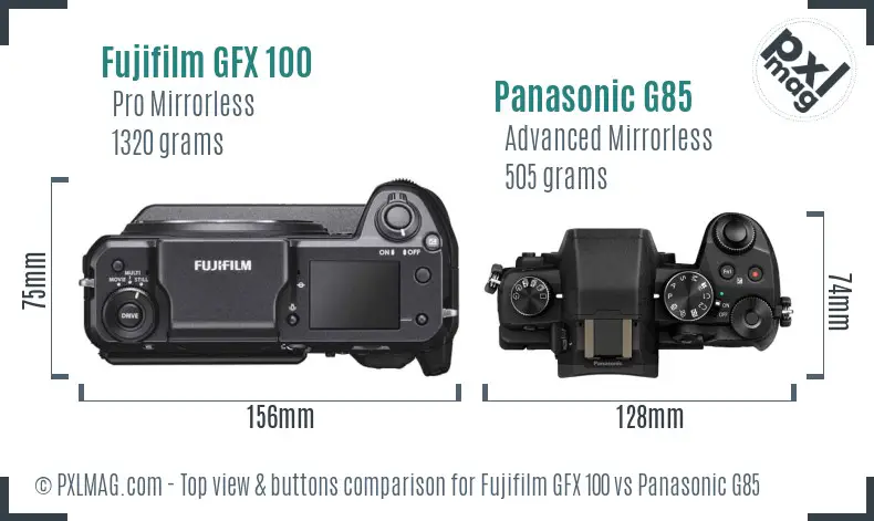 Fujifilm GFX 100 vs Panasonic G85 top view buttons comparison
