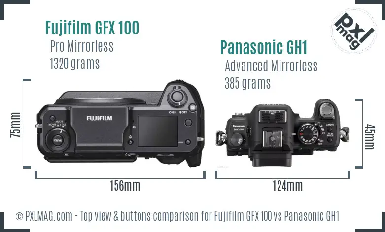 Fujifilm GFX 100 vs Panasonic GH1 top view buttons comparison