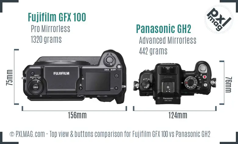 Fujifilm GFX 100 vs Panasonic GH2 top view buttons comparison