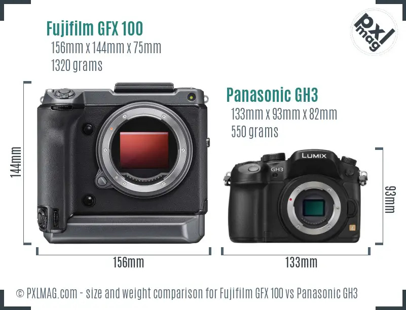 Fujifilm GFX 100 vs Panasonic GH3 size comparison