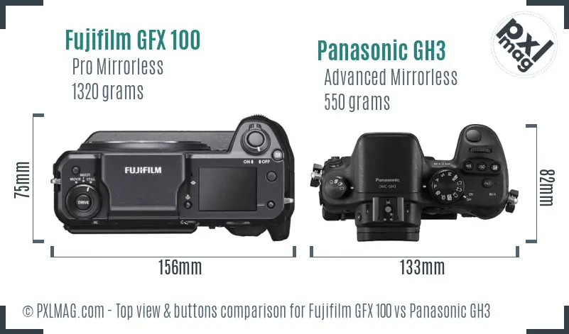 Fujifilm GFX 100 vs Panasonic GH3 top view buttons comparison