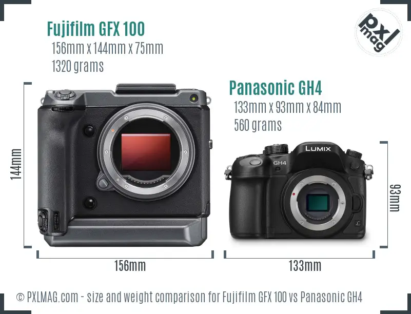 Fujifilm GFX 100 vs Panasonic GH4 size comparison