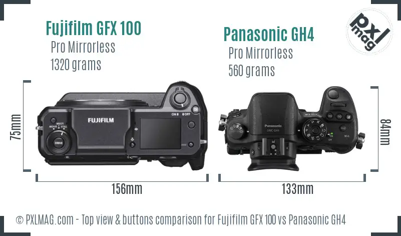 Fujifilm GFX 100 vs Panasonic GH4 top view buttons comparison