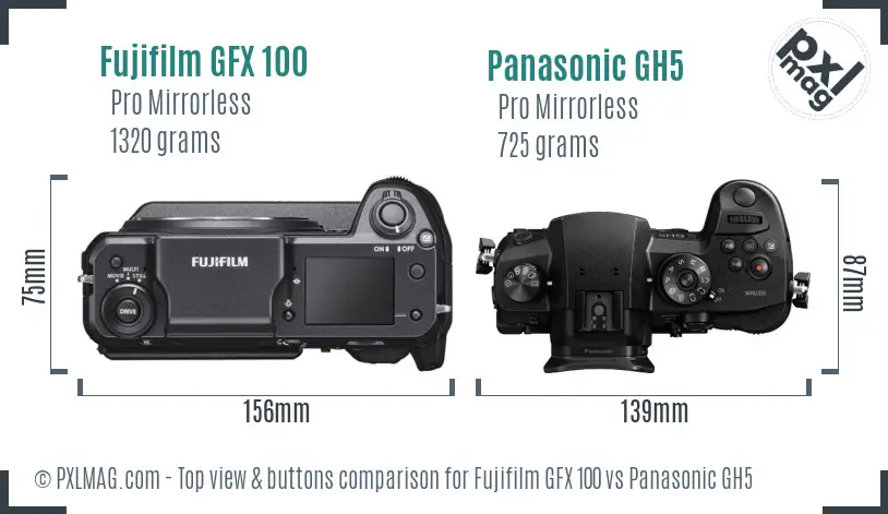 Fujifilm GFX 100 vs Panasonic GH5 top view buttons comparison