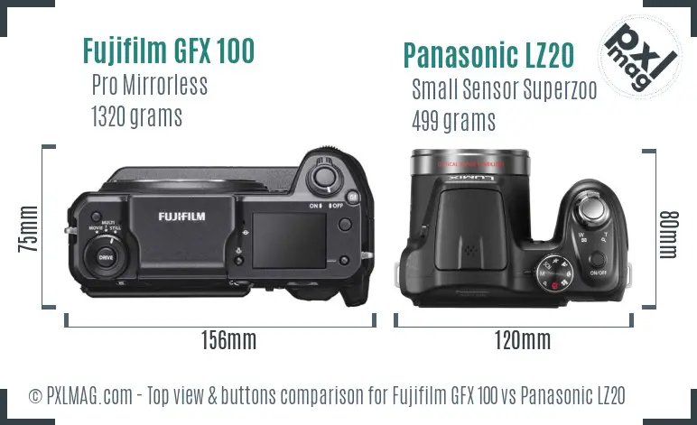 Fujifilm GFX 100 vs Panasonic LZ20 top view buttons comparison