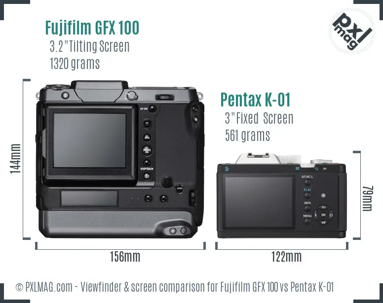 Fujifilm GFX 100 vs Pentax K-01 Screen and Viewfinder comparison
