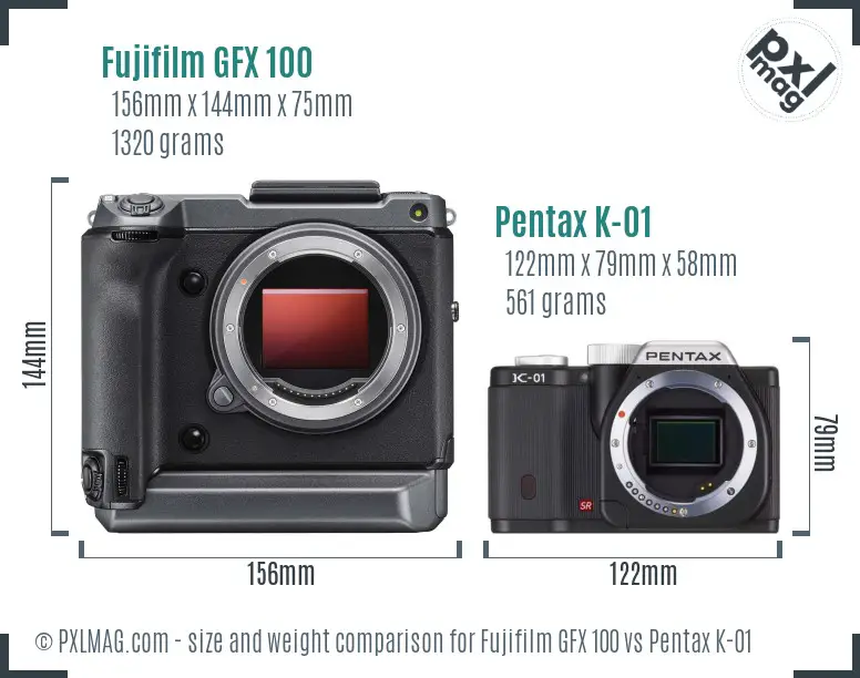 Fujifilm GFX 100 vs Pentax K-01 size comparison