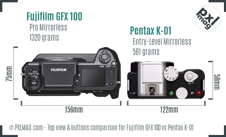 Fujifilm GFX 100 vs Pentax K-01 top view buttons comparison