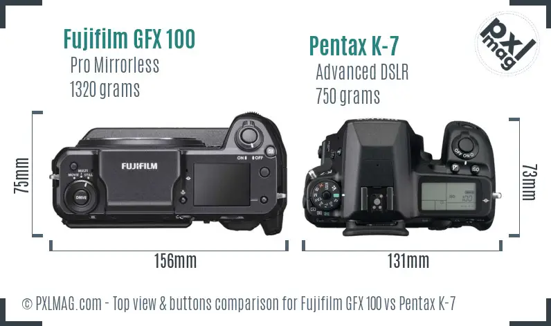 Fujifilm GFX 100 vs Pentax K-7 top view buttons comparison