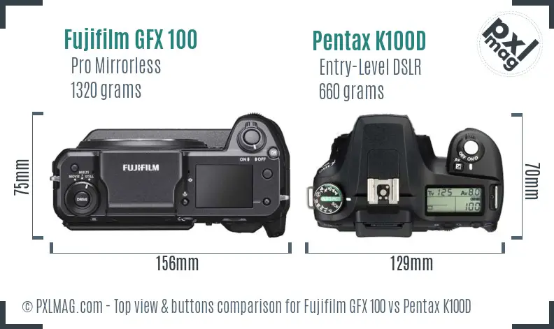 Fujifilm GFX 100 vs Pentax K100D top view buttons comparison