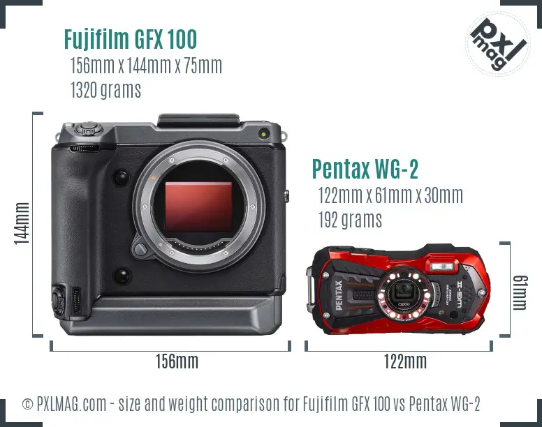 Fujifilm GFX 100 vs Pentax WG-2 size comparison