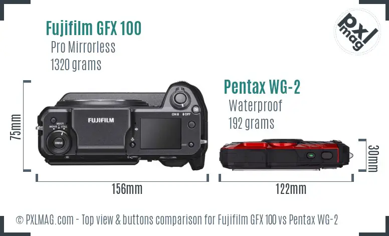 Fujifilm GFX 100 vs Pentax WG-2 top view buttons comparison