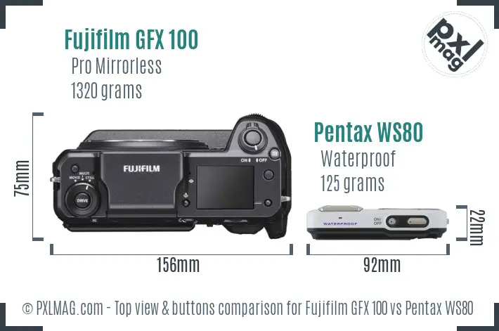 Fujifilm GFX 100 vs Pentax WS80 top view buttons comparison