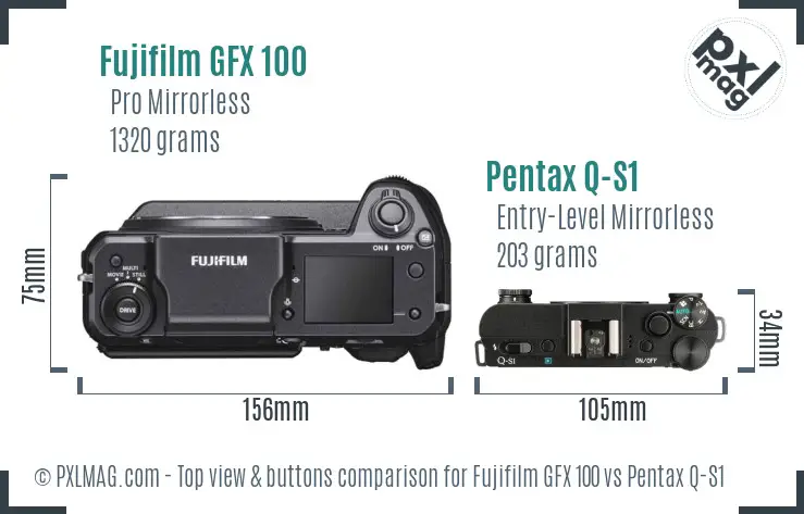 Fujifilm GFX 100 vs Pentax Q-S1 top view buttons comparison