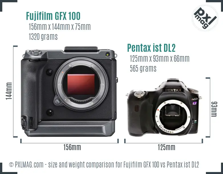 Fujifilm GFX 100 vs Pentax ist DL2 size comparison