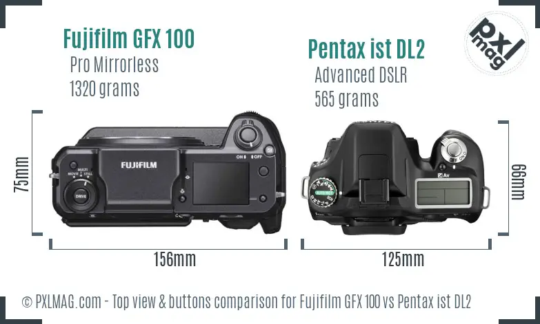 Fujifilm GFX 100 vs Pentax ist DL2 top view buttons comparison