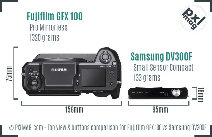 Fujifilm GFX 100 vs Samsung DV300F top view buttons comparison