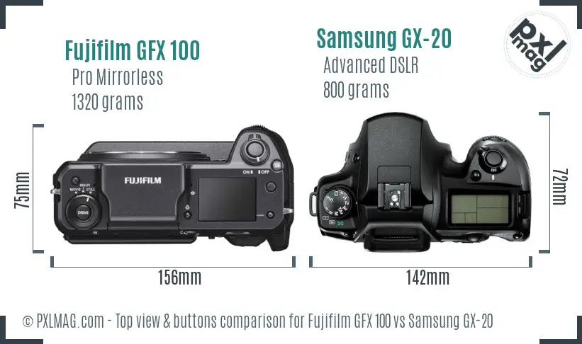 Fujifilm GFX 100 vs Samsung GX-20 top view buttons comparison