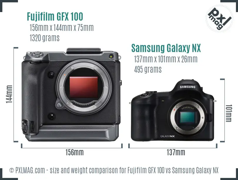 Fujifilm GFX 100 vs Samsung Galaxy NX size comparison Fujifilm GFX 100 vs Samsung Galaxy NX size comparison