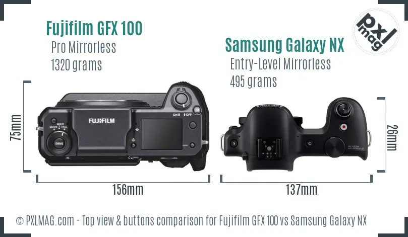 Fujifilm GFX 100 vs Samsung Galaxy NX top view buttons comparison Fujifilm GFX 100 vs Samsung Galaxy NX top view buttons comparison